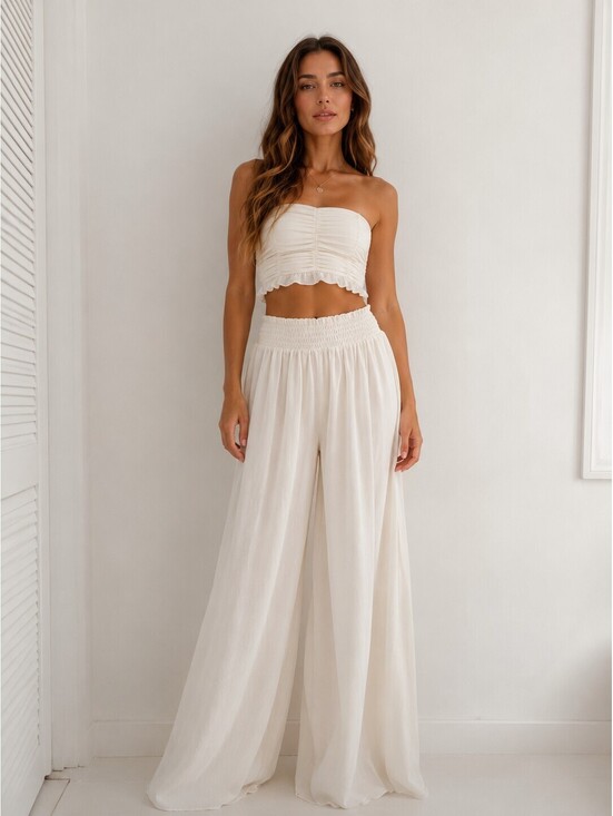 Ramy Brook Pants - Ramy Brook Ivory Sheer Wide Leg Pull On Palazzo Pants Smocked Waist Size S